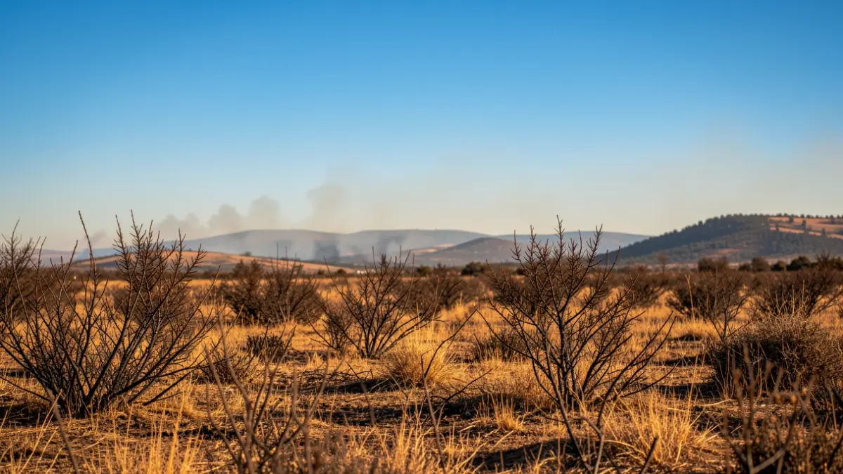Paisaje catalán con vegetación seca y cielo azul, simbolizando peligro extremo de incendio.