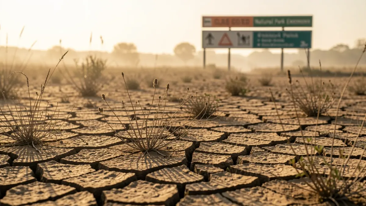 Generic image of wildfire risk with dry vegetation and scorching sun.