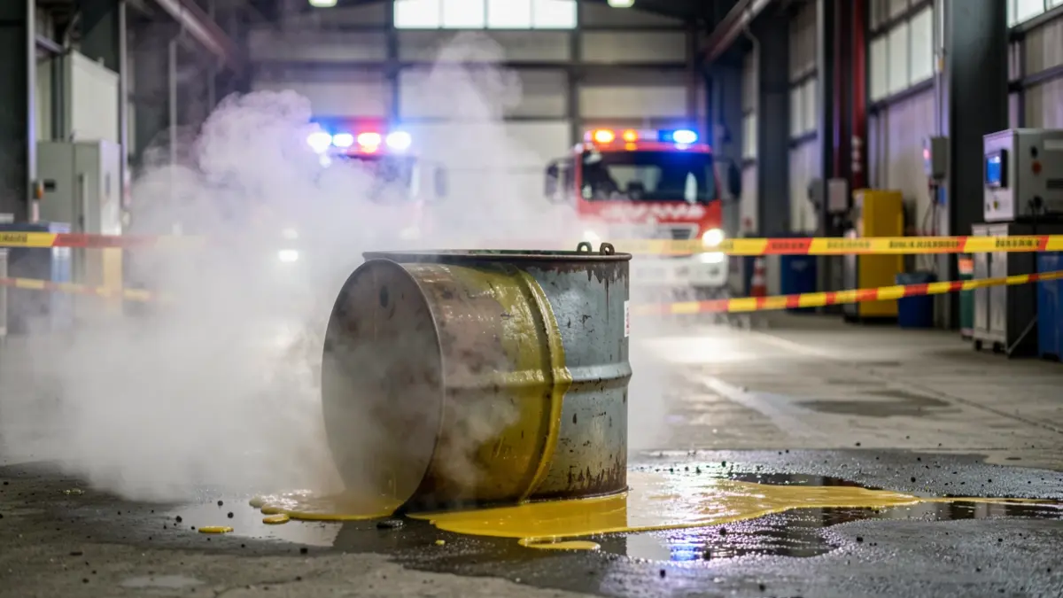 Escena de un derrame químico peligroso en una nave industrial con un bidón perdiendo ácido y una niebla tóxica.