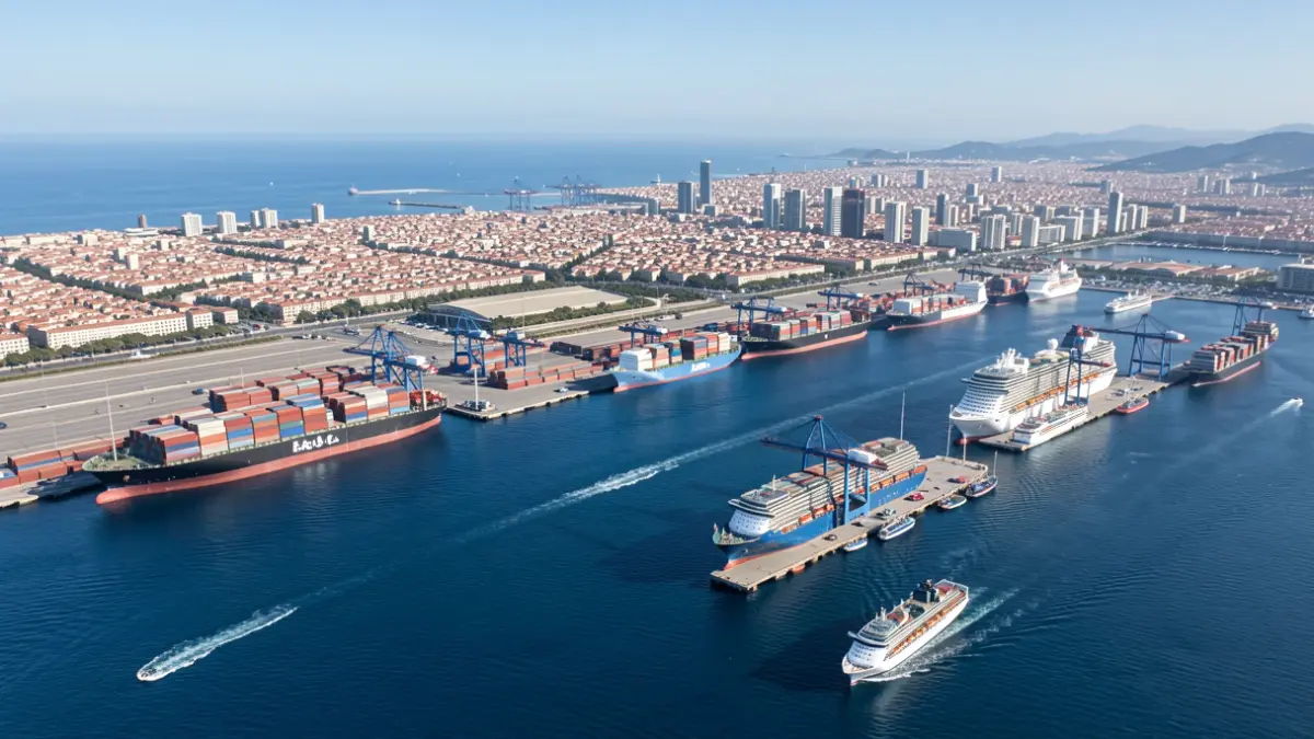 Aerial view of the Port of Barcelona with cargo ships and cruise liners.