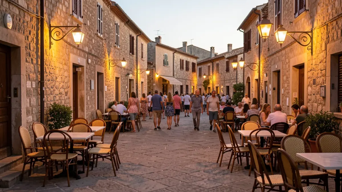 Imatge genèrica d'una plaça de poble a l'estiu amb il·luminació càlida.