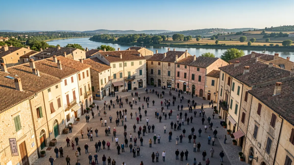 Aerial view of a Mediterranean town square with old buildings and a river in the background.