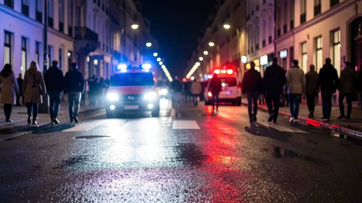 Imatge genèrica de llums d'emergència policial reflectides en asfalt mullat durant la nit.