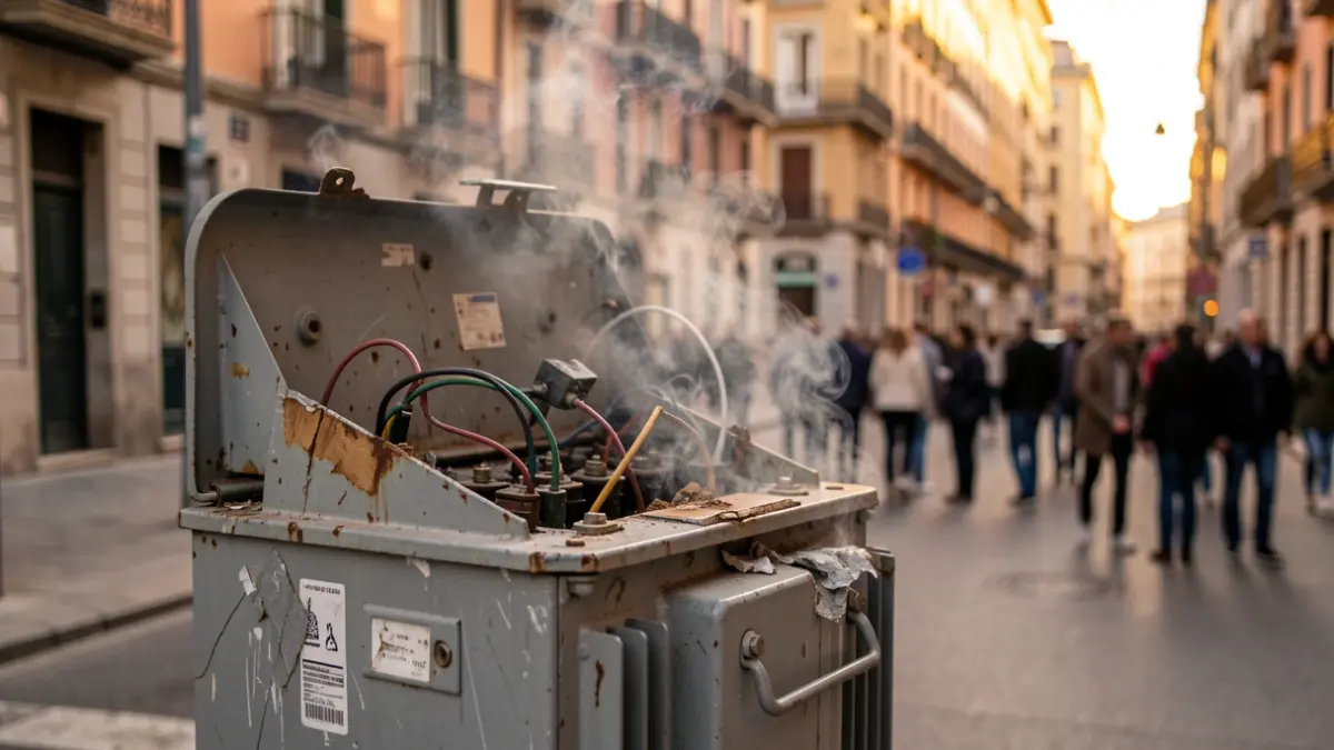 Imatge d'un transformador elèctric danyat al carrer Roger de Flor, Barcelona, amb fum i llum càlida.