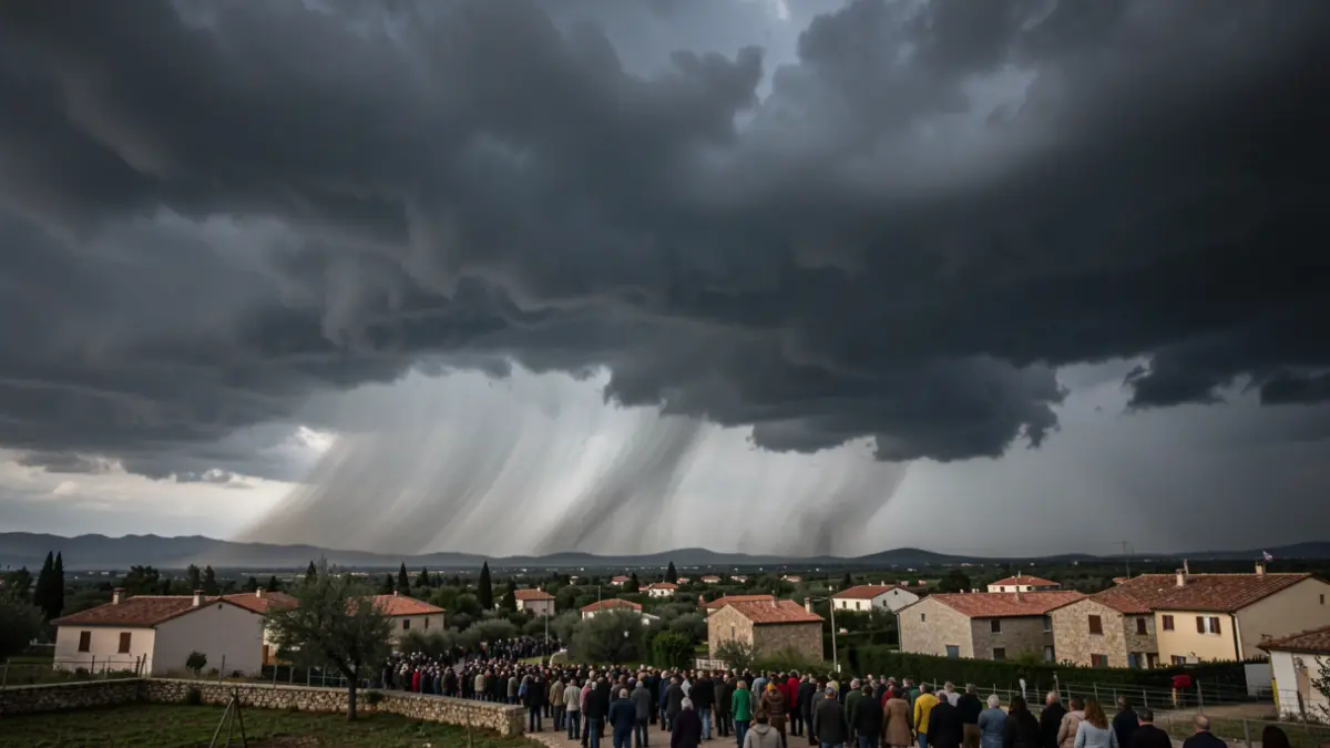 Cielo tormentoso con nubes oscuras y rachas de viento sobre un paisaje de Tarragona.