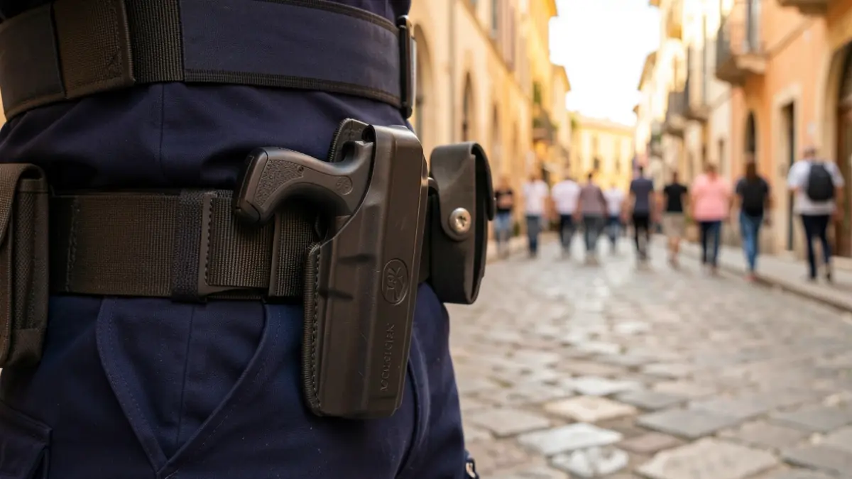 Police equipment on a stone street.