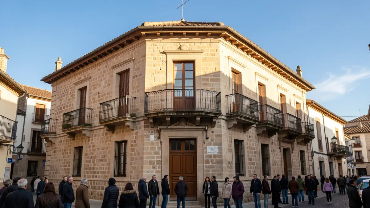 Fachada de la Paeria de Balaguer con balcones y barandillas de hierro, bajo un cielo azul y con luz de tarde.