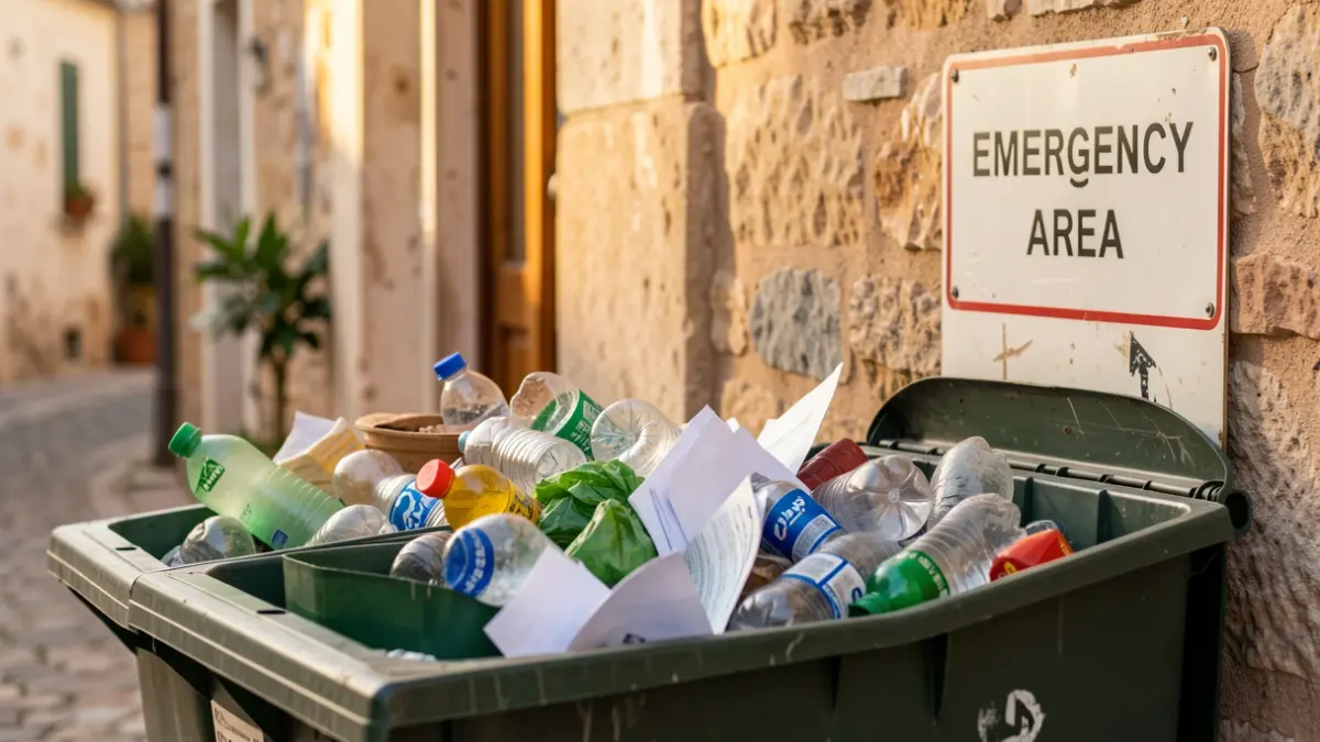 Overflowing waste bins with separated materials next to an emergency area sign in a Mediterranean setting.