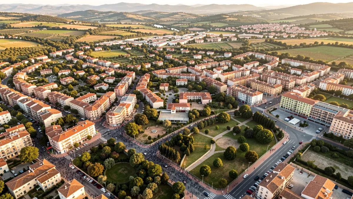 Vista aèria de barris de Banyoles amb espais verds i equipaments.
