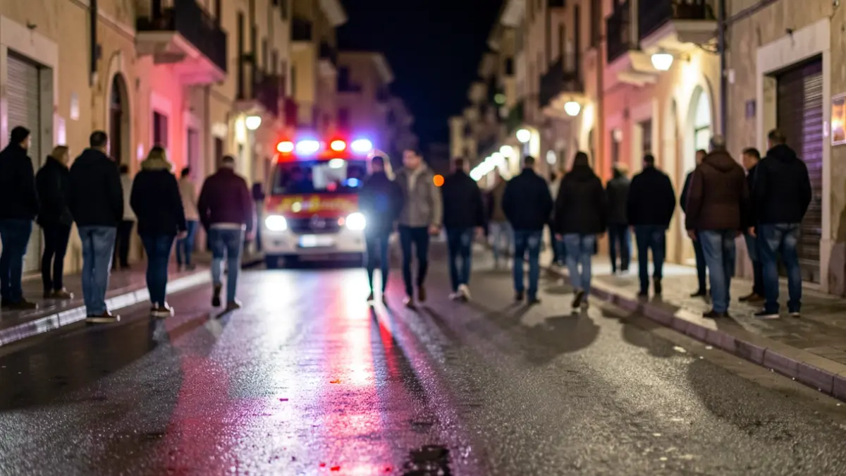 Imagen genérica de luces de emergencia reflejándose en asfalto mojado por la noche.