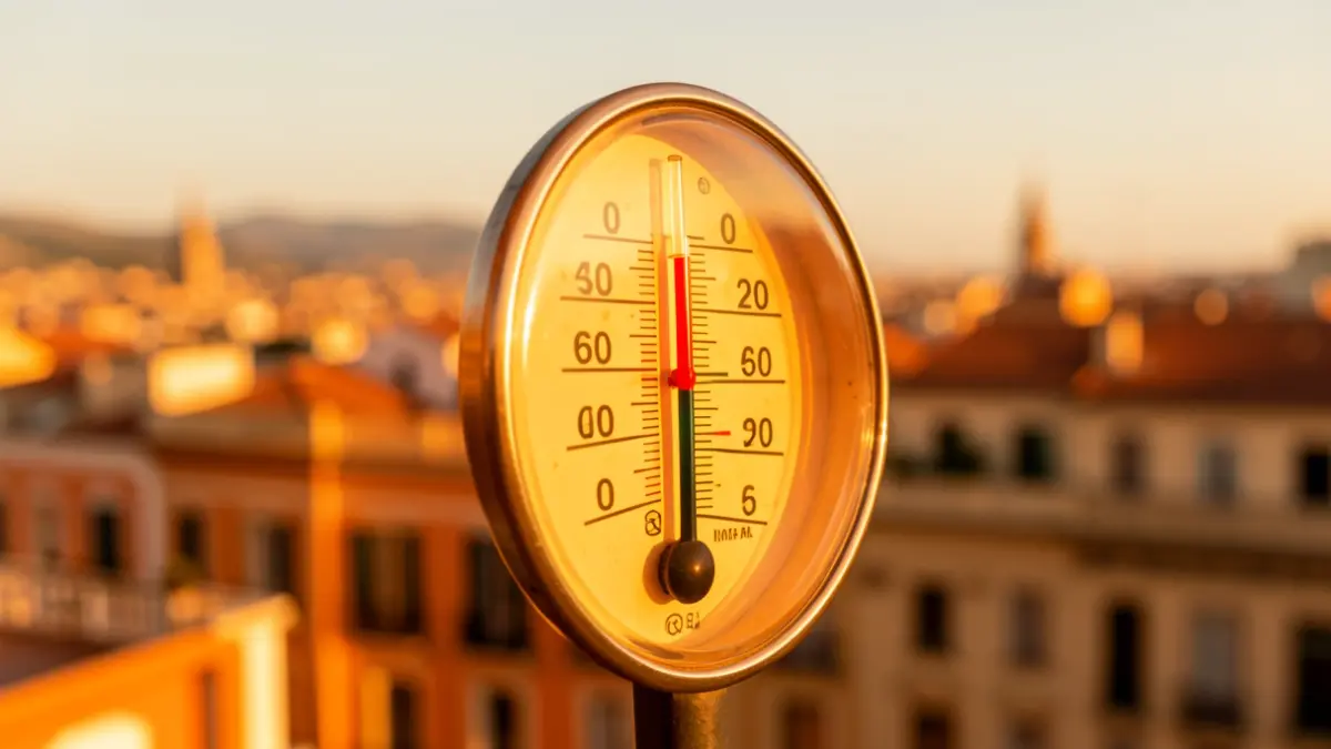 Termòmetre marcant temperatures extremes amb el perfil de Barcelona al fons.
