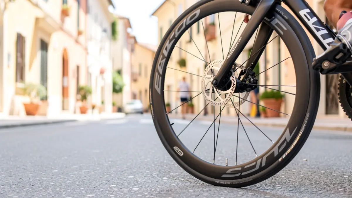 Generic image of a racing bicycle on the asphalt.