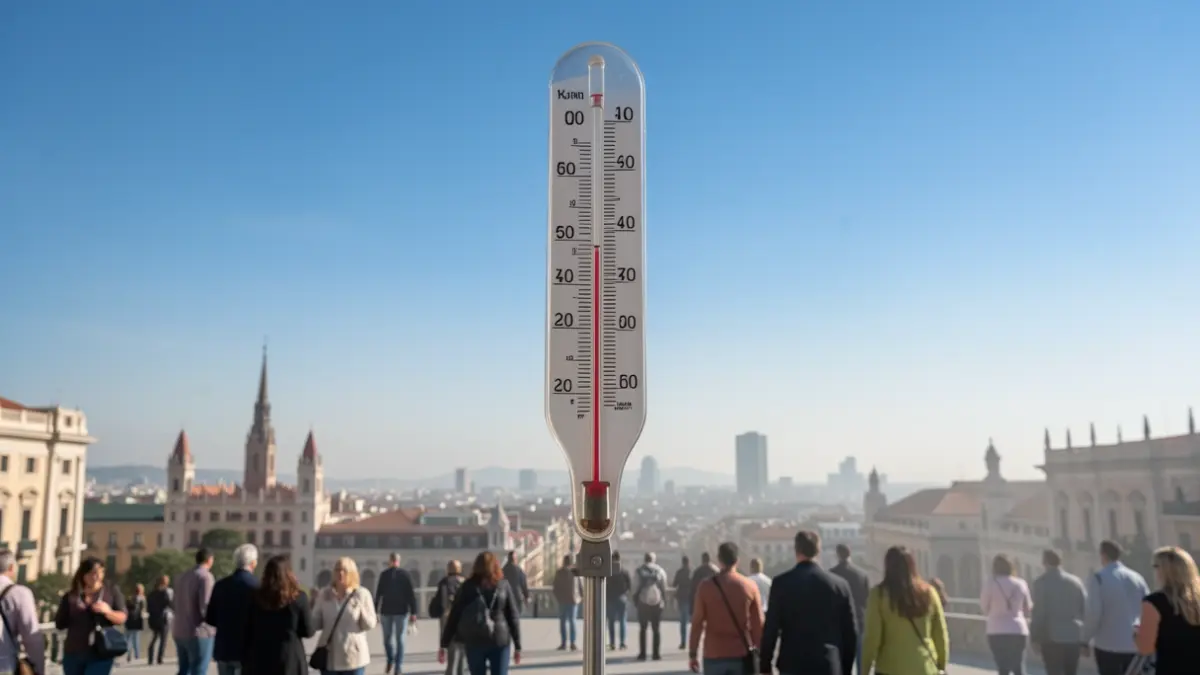 Termòmetre amb alta temperatura sobre el cel blau de Barcelona.