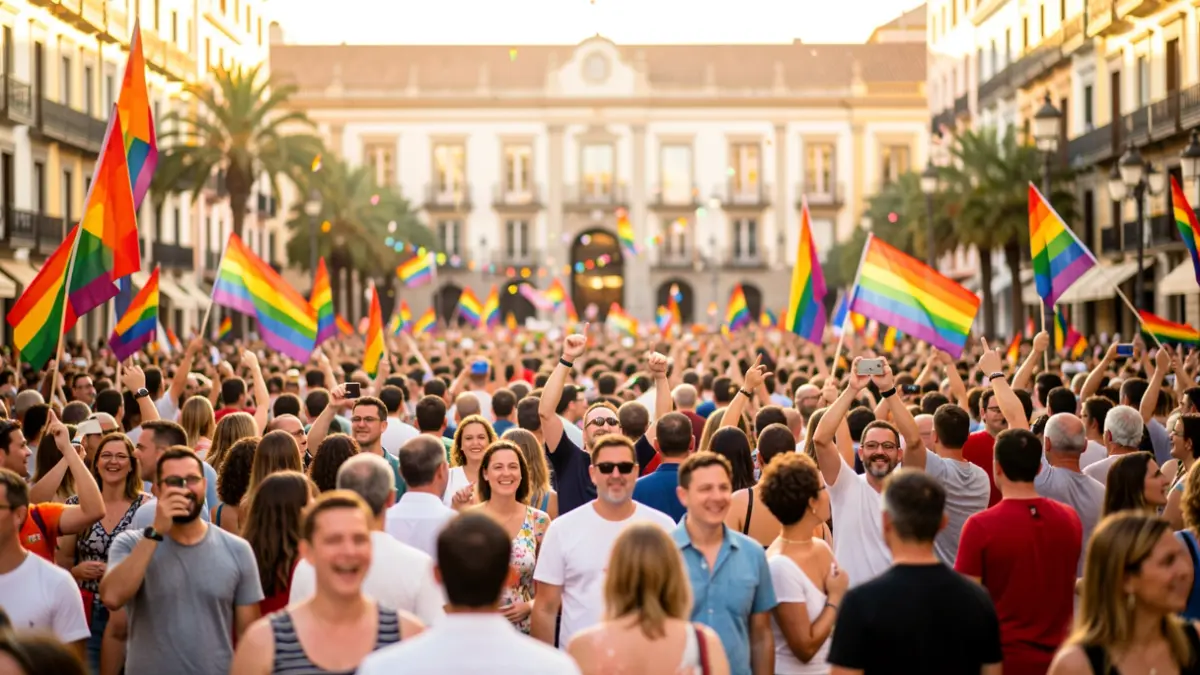 Generic image of a Pride celebration in Barcelona with a diverse crowd and banners.