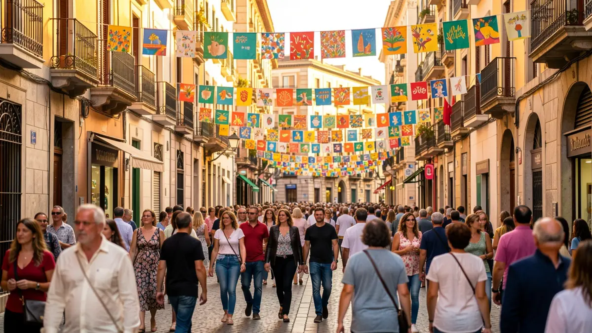 Imatge genèrica d'un carrer de Barcelona durant una festa popular amb gent i decoracions.