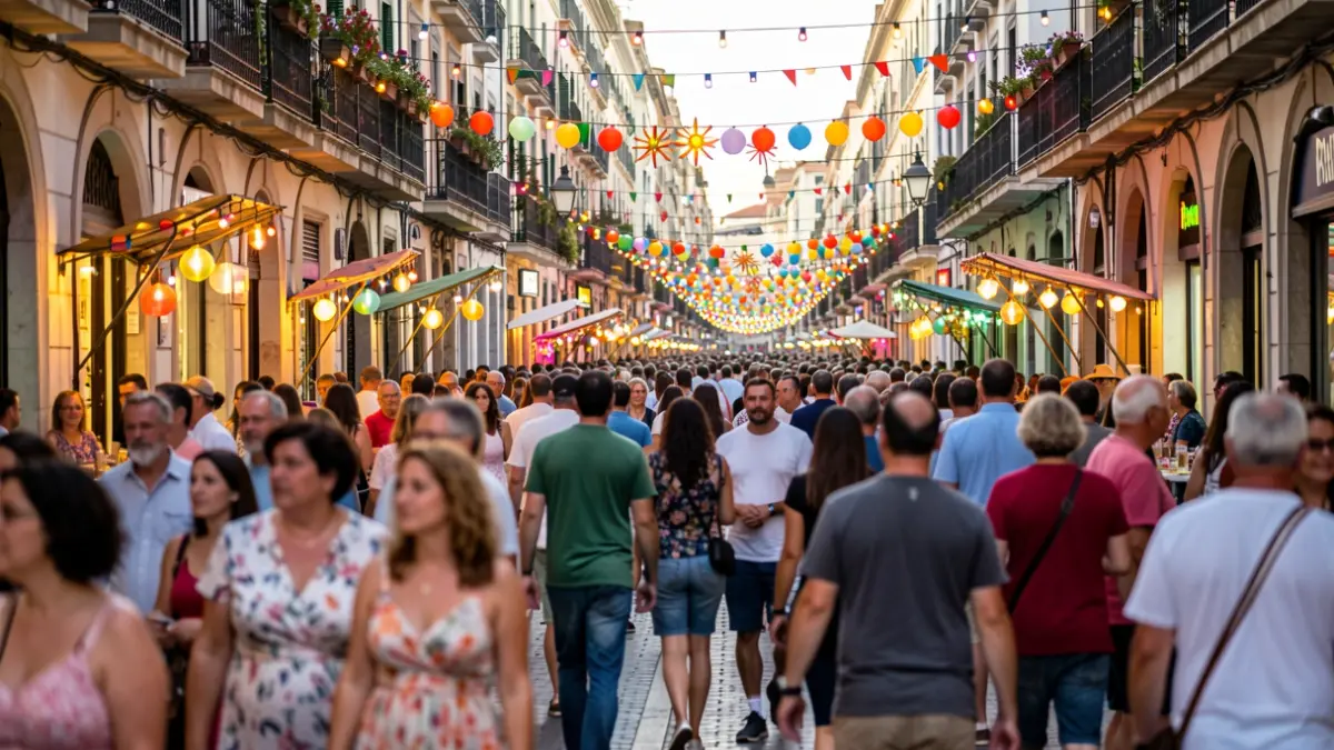 Generic image of a popular festival in Barcelona with crowds and lights.