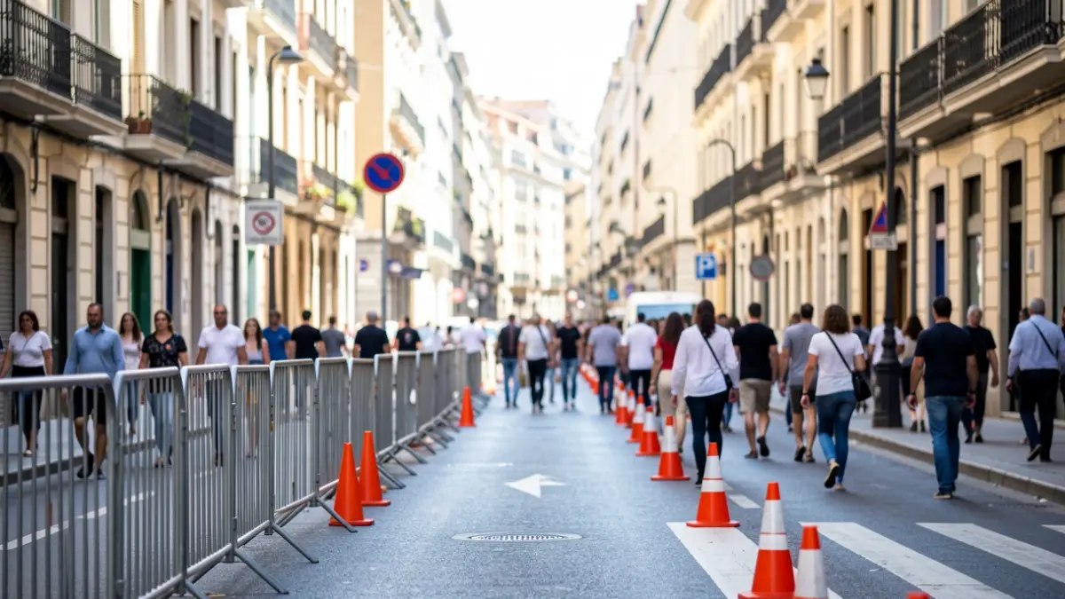Calles de Barcelona cortadas al tráfico con vallas metálicas para la prueba ciclista.
