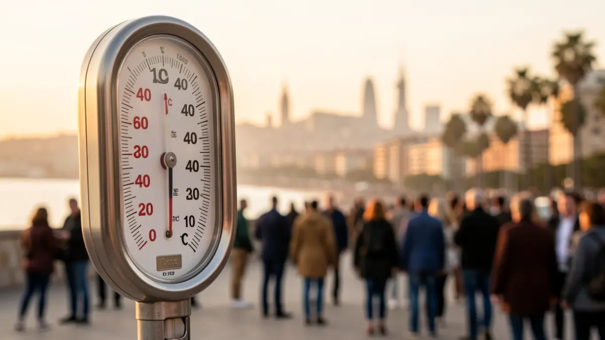 Thermometer showing over 40 degrees with the Barcelona skyline in the background.