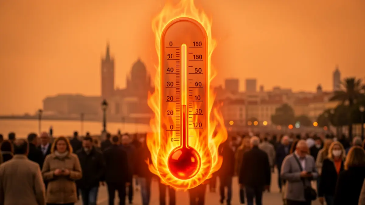 Termòmetre estil·litzat marcant temperatures extremes amb el perfil de Barcelona al fons.