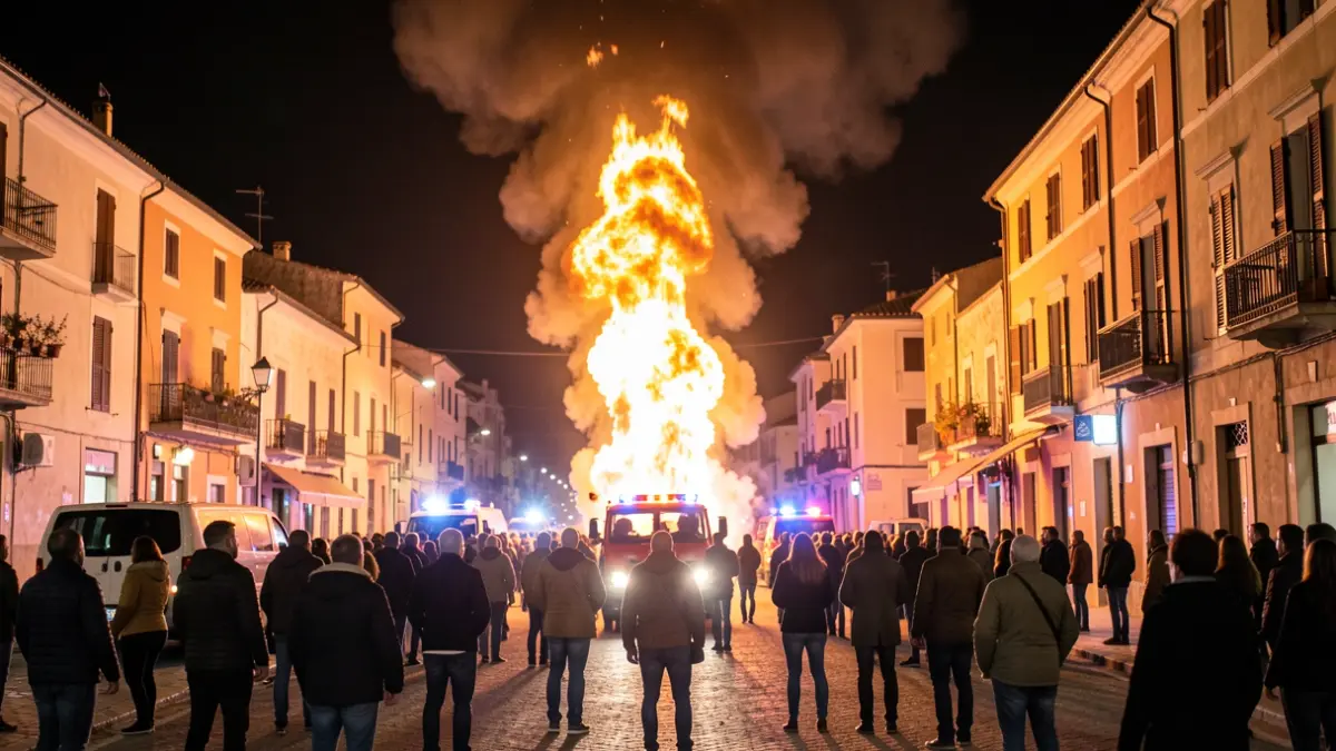 Generic image of a column of fire on a street at night.