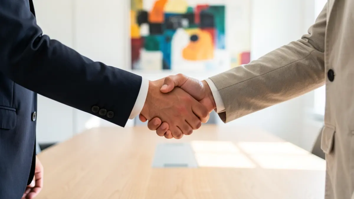 Generic image of two people shaking hands in an institutional agreement.