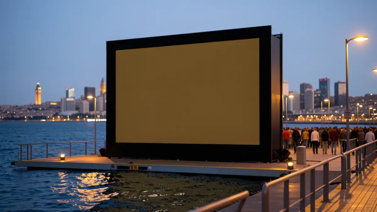 Pantalla gigante instalada en la plataforma marina del Fòrum de Barcelona para ver la final del Mundial.