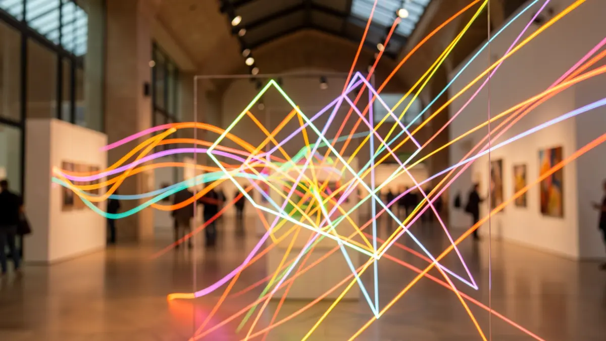Instal·lació d'art digital abstracta amb formes geomètriques brillants.