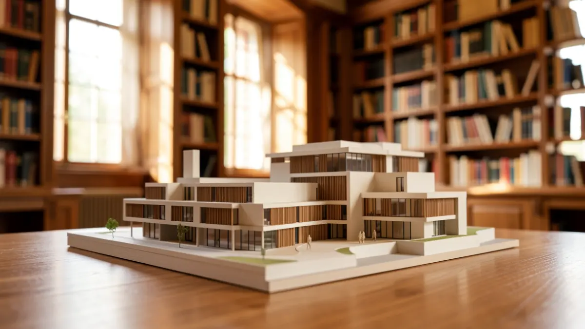 Maqueta arquitectònica sobre una taula en una biblioteca.