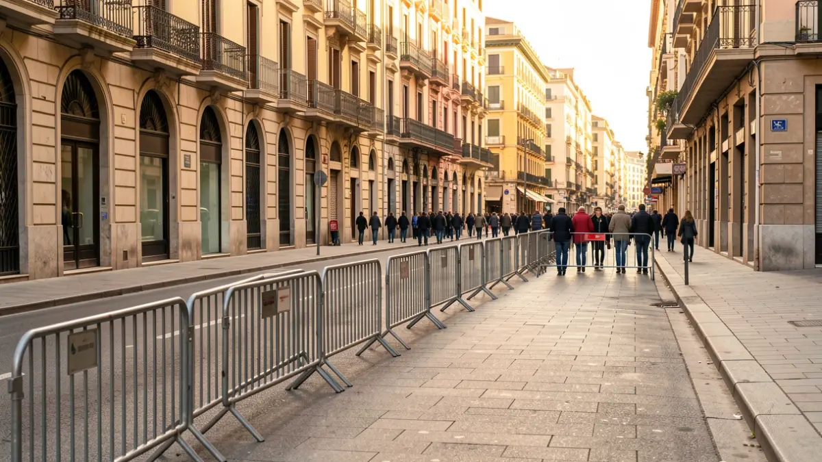 Tanques de protecció instal·lades en un carrer de Barcelona per a un esdeveniment esportiu.