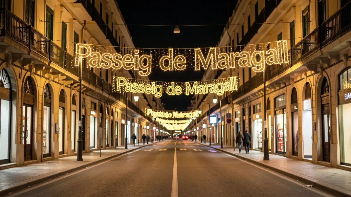 Alumbrado navideño con versos de poema en el Paseo de Maragall de Barcelona.