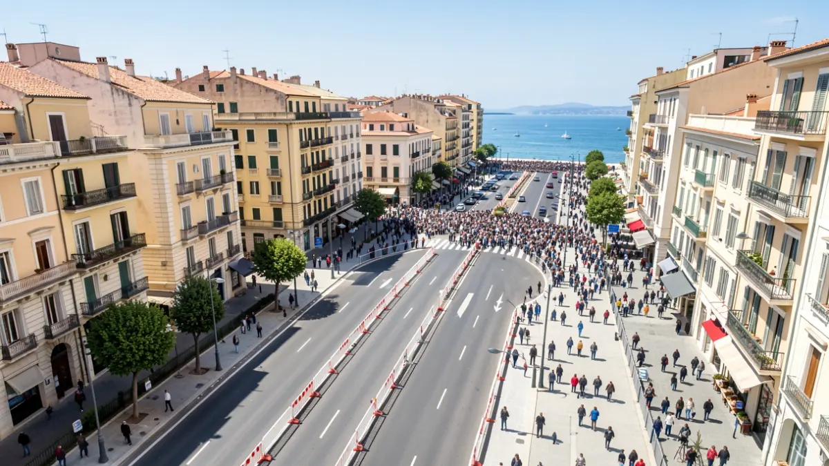 Aerial view of a coastal road with traffic restrictions and crowds.