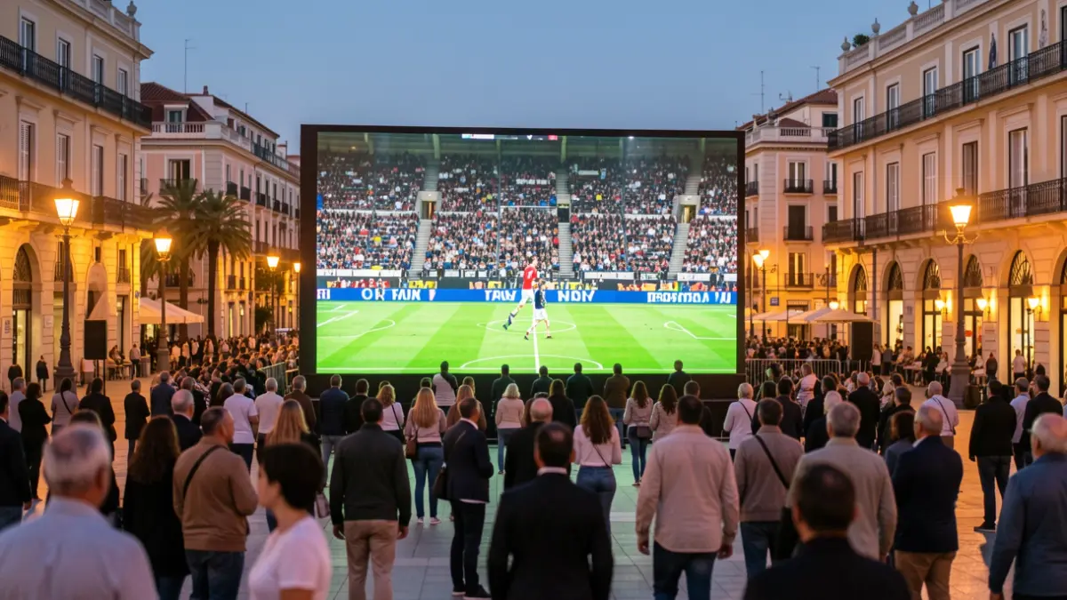 Pantalla gegant retransmetent un partit de futbol a Barcelona.