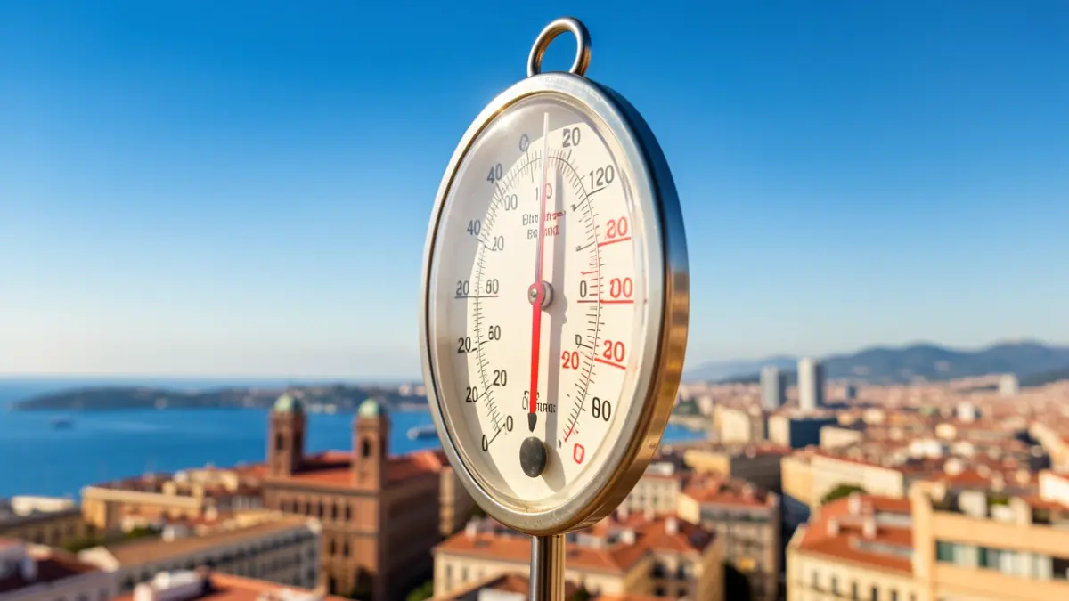 Termómetro marcando alta temperatura con el cielo azul y la ciudad de Barcelona al fondo.