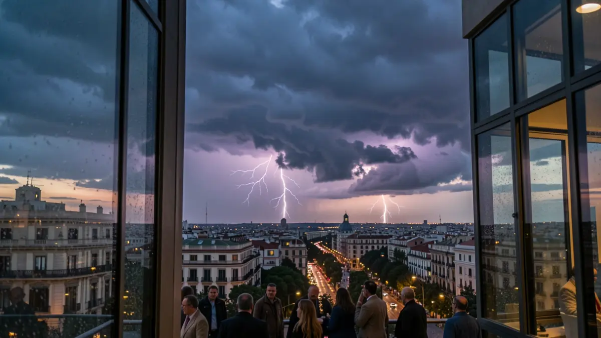 Cielo tormentoso sobre Barcelona con rayos iluminando la ciudad.