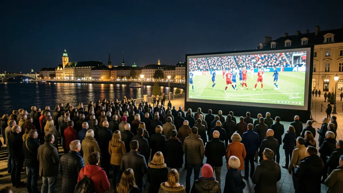 Generic image of a crowd watching a football match on a giant screen at night.