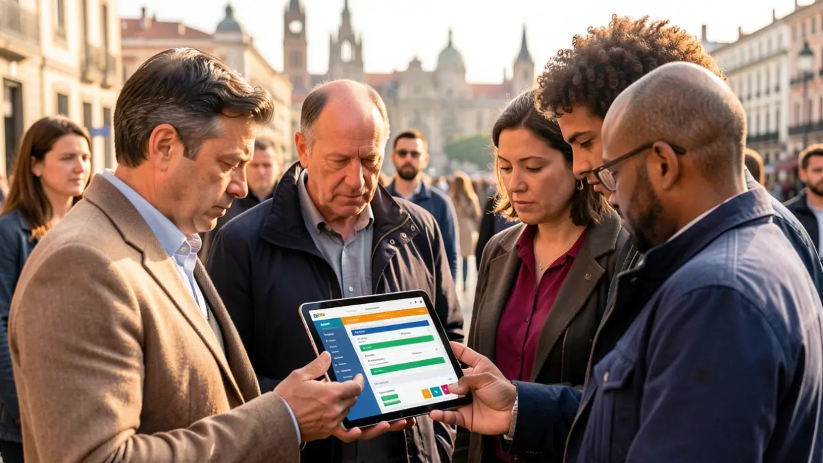 Diverse group of Barcelona citizens looking at a tablet with survey results.