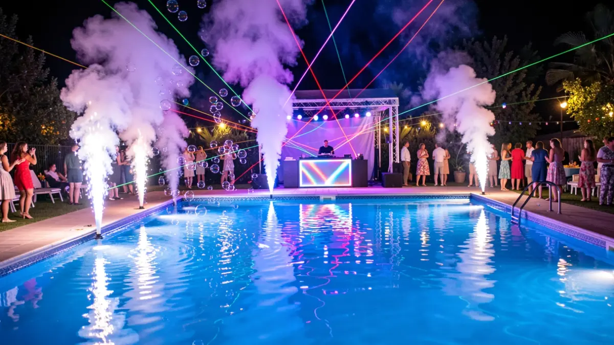 Imatge genèrica d'una festa temàtica dels anys 90 a una piscina exterior de nit amb efectes de llum i fum.