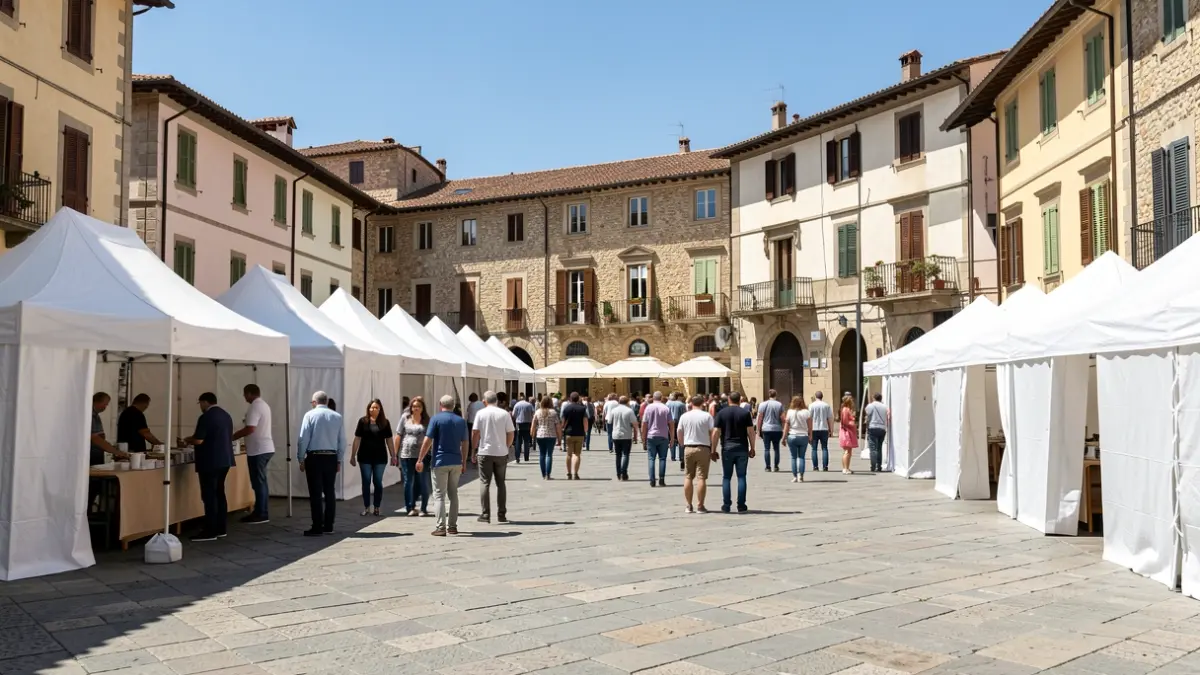Temporary tents set up in the square of Berga.