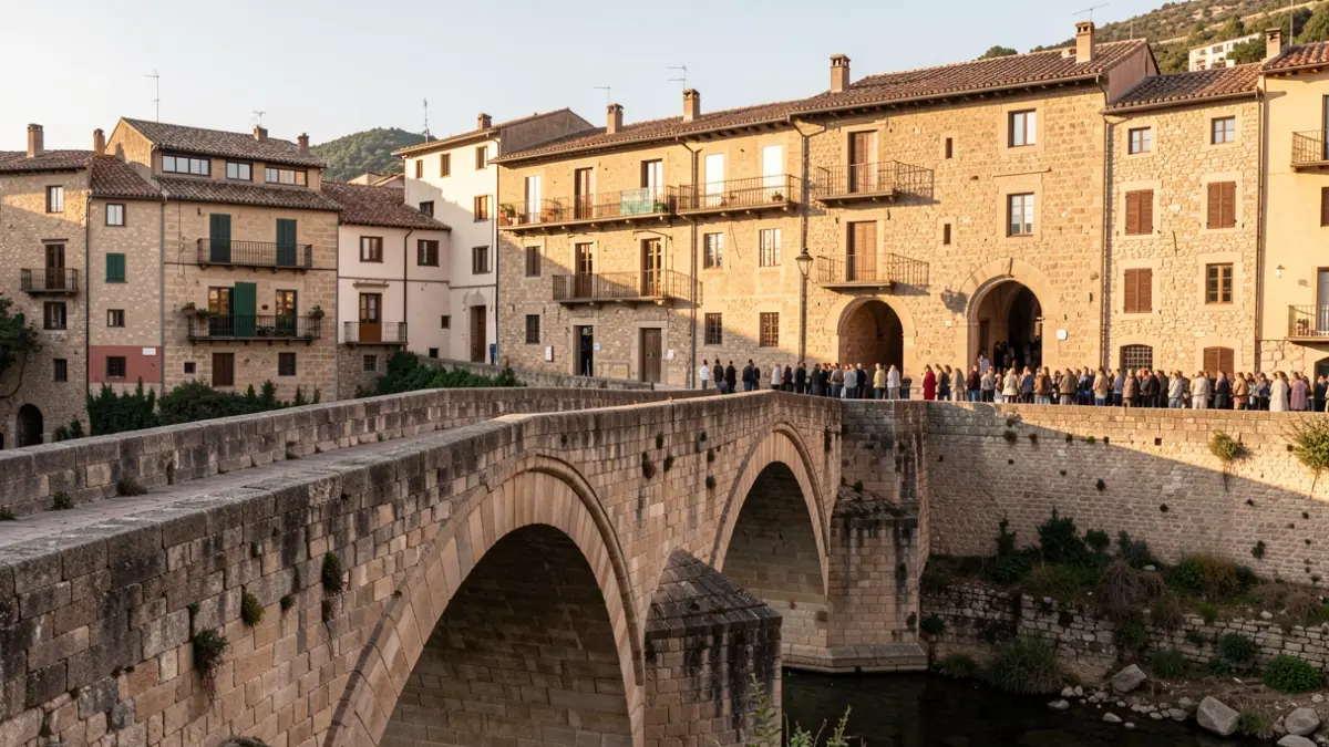 View of the medieval bridge and historic architecture of Besalú.