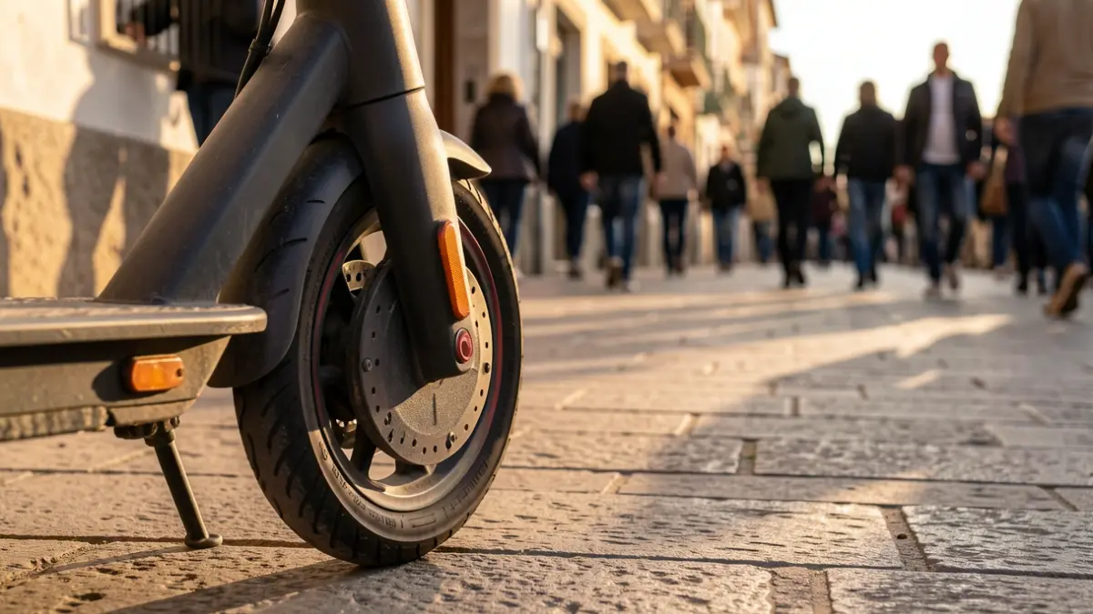 Roda d'un patinet elèctric aparcat en un carrer de Blanes amb llum de vespre.