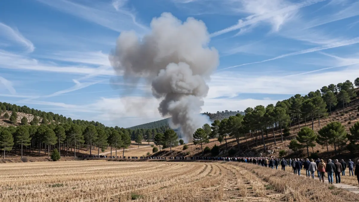 Imatge genèrica de fum d'un incendi forestal sobre camps secs i bosc a Catalunya.