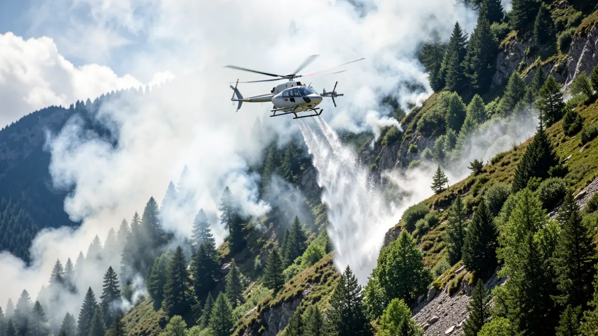 Helicòpter dels Bombers treballant en un incendi forestal al pic de Salòria.