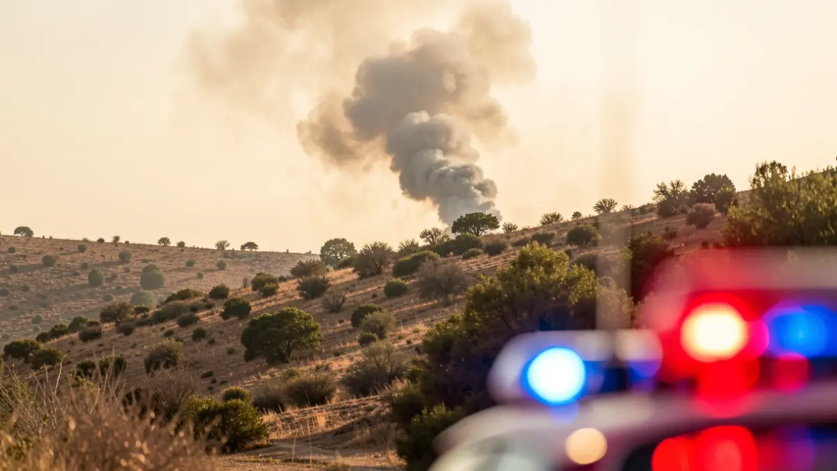 Generic image of a forest fire with smoke and emergency lights.