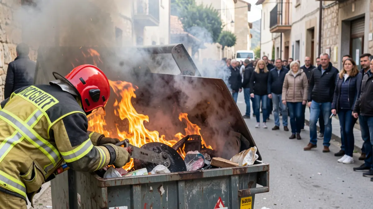 Firefighters opening a burning container in Puigcerdà with a cutting saw.