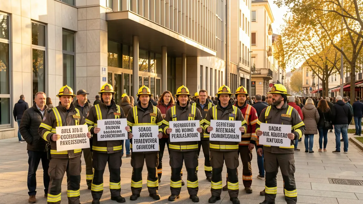 Imatge genèrica de bombers voluntaris davant d'un edifici institucional.