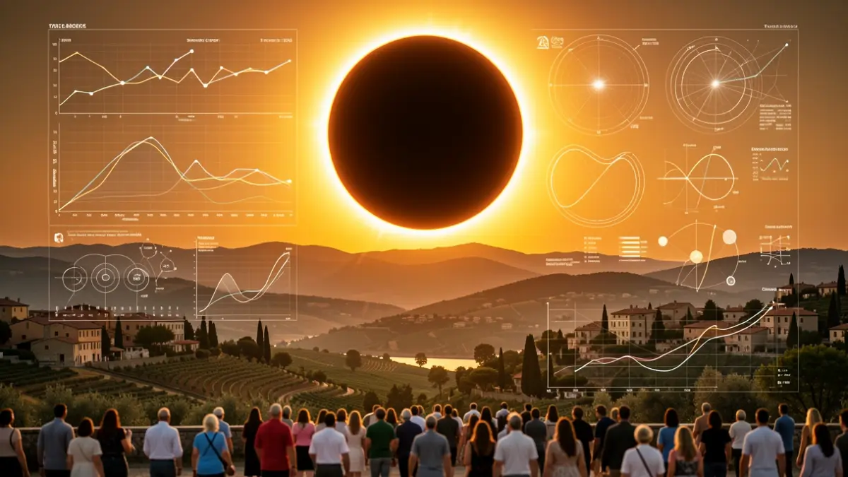 Representation of a total solar eclipse over a Mediterranean landscape with scientific data visualizations overlaid.