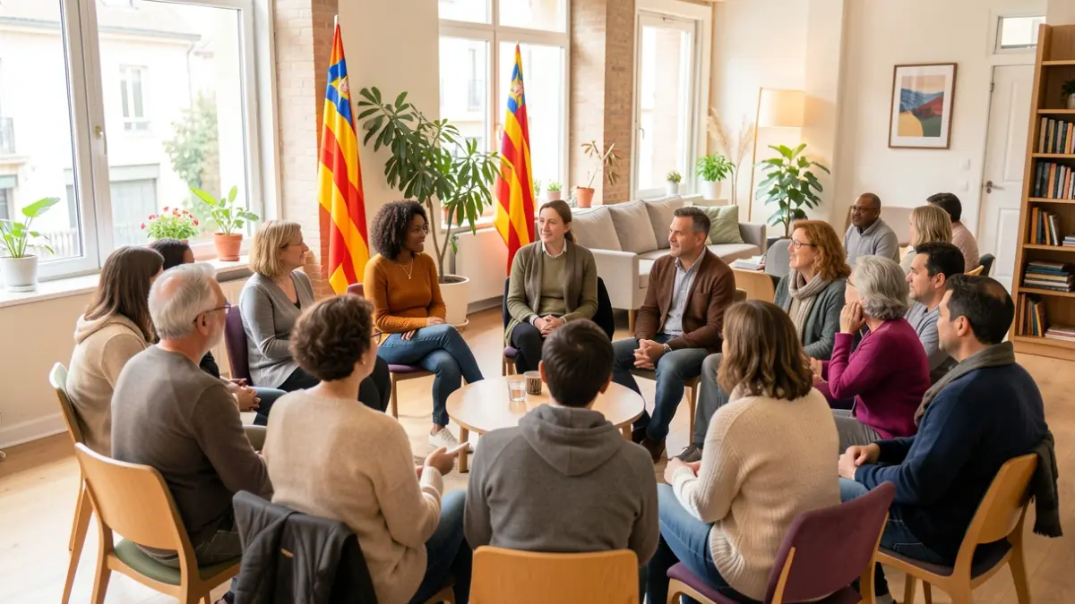 Diverse group of people participating in a Catalan conversation in a community space.