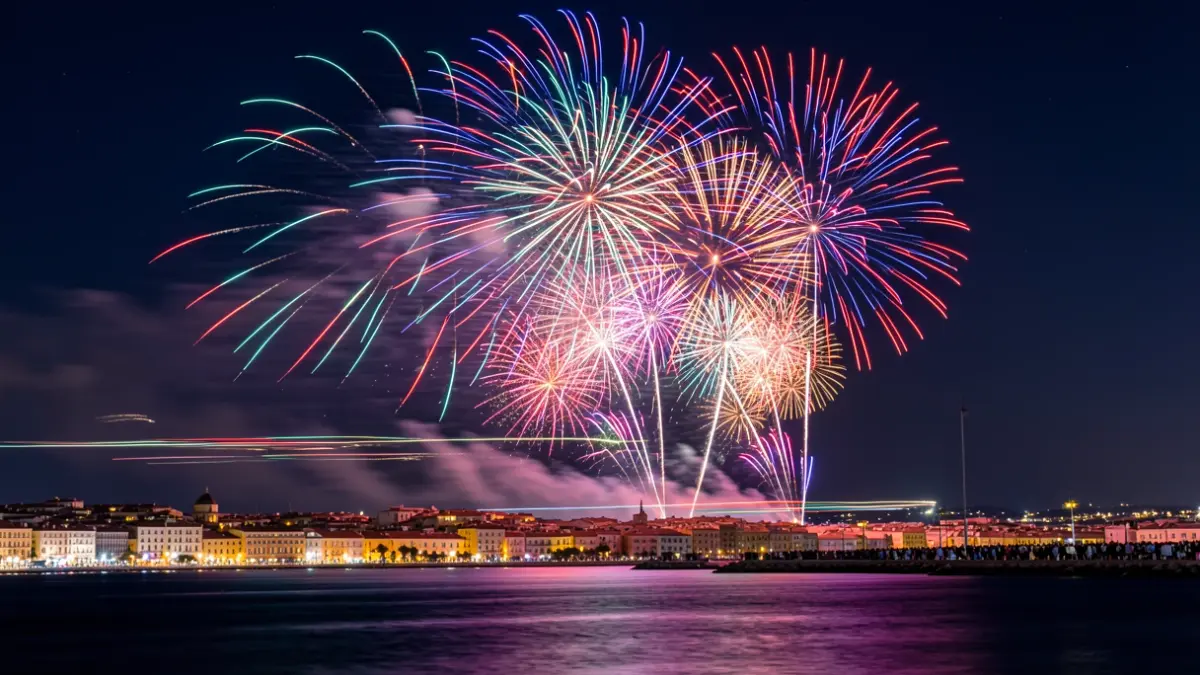 Generic image of fireworks over a coastal city.