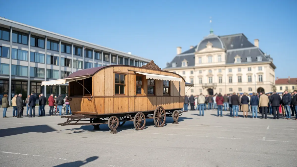 Imatge genèrica d'una caravana de circ aparcada prop d'un edifici municipal.