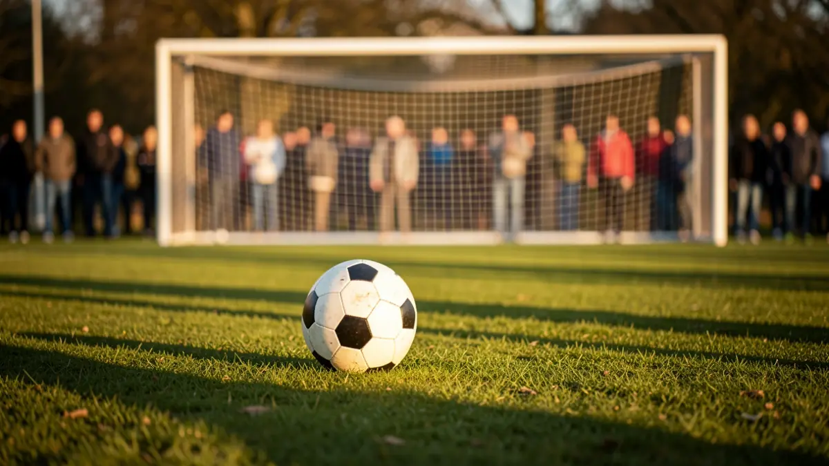 Soccer ball on green grass with a blurred goal net in the background.